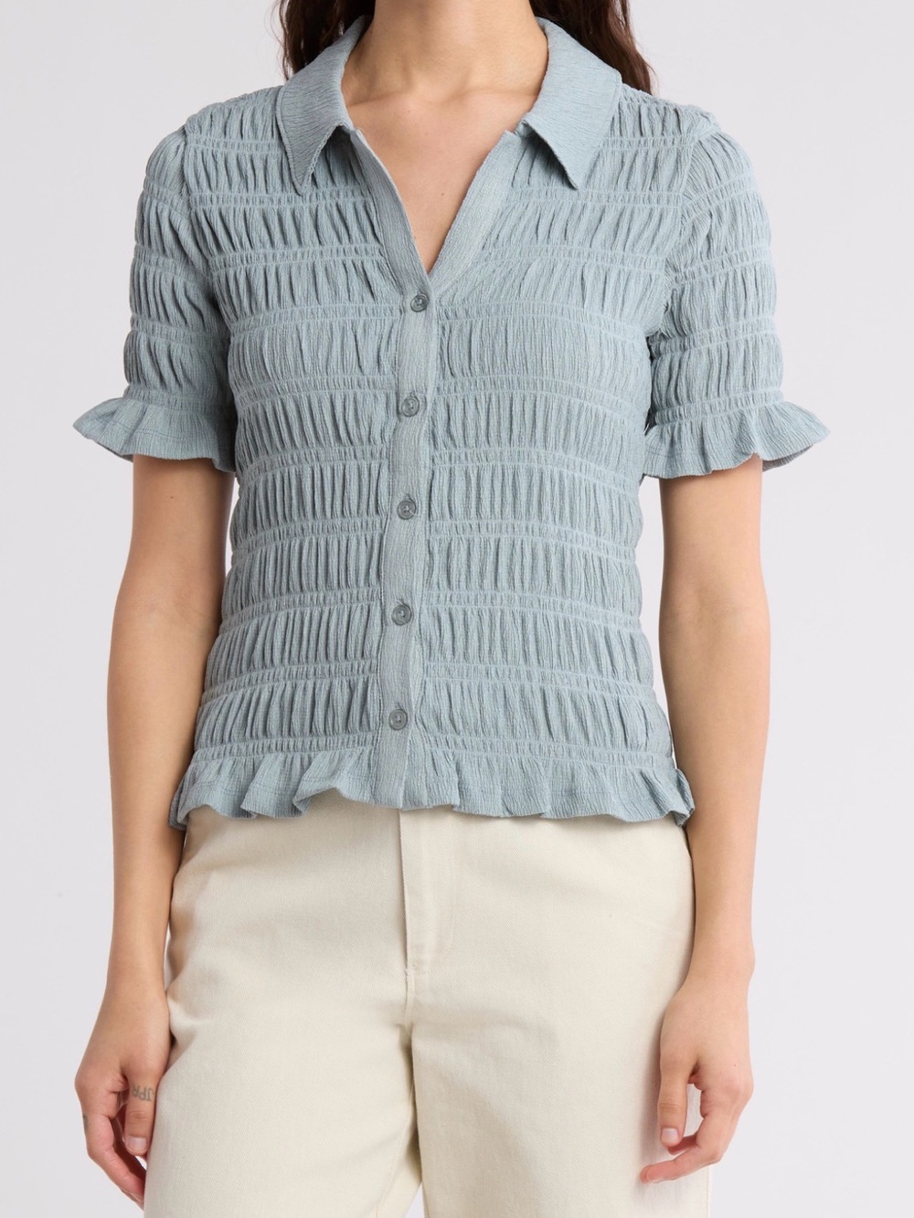 Sanctuary Dusty Blue Smocked Button-Down Short Sleeve Top